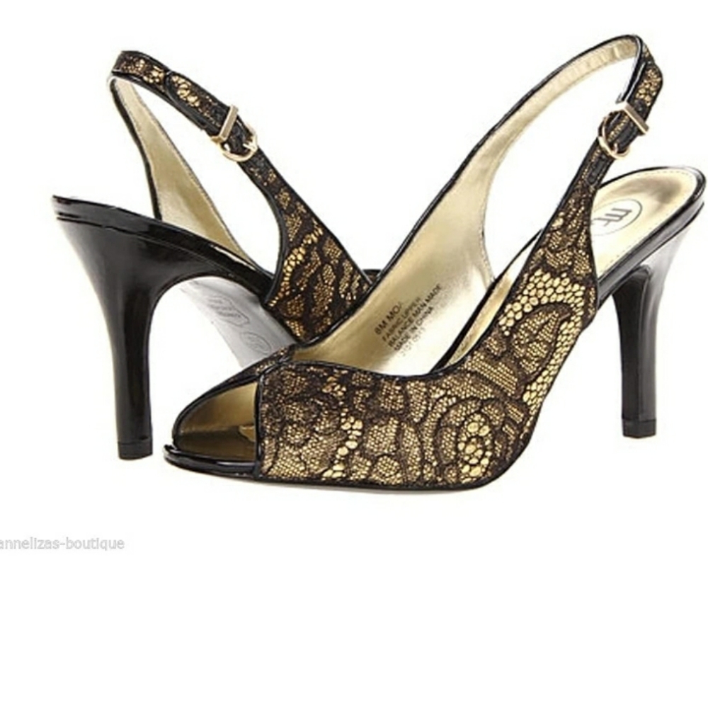 Sexy Faux Leather Black & Gold Lace Slingbacks